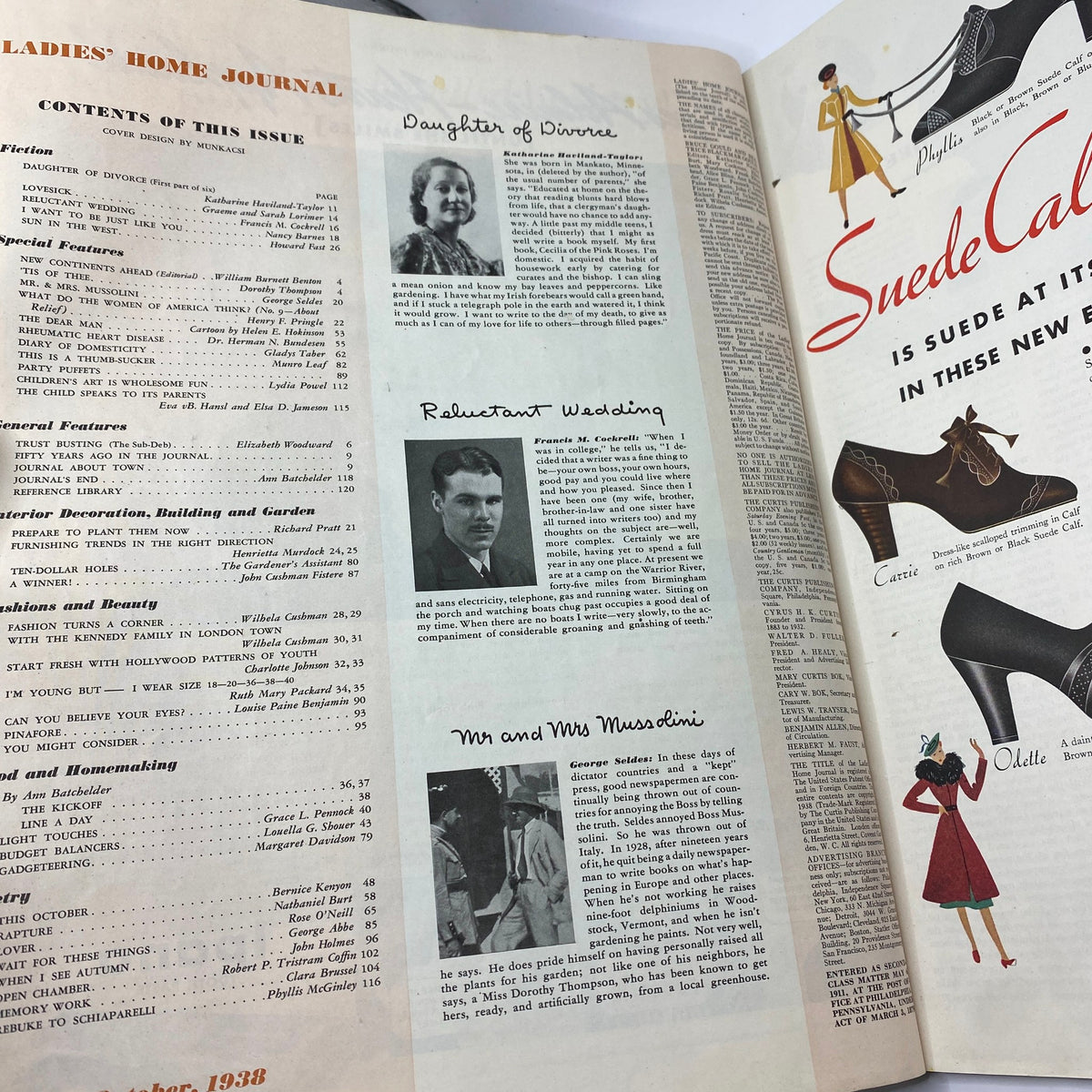 Interior pages of Ladies' Home Journal Magazine, October 1938, displaying the contents listing including 'Daughter of Divorce', showcasing articles and features relevant to societal norms of the era.