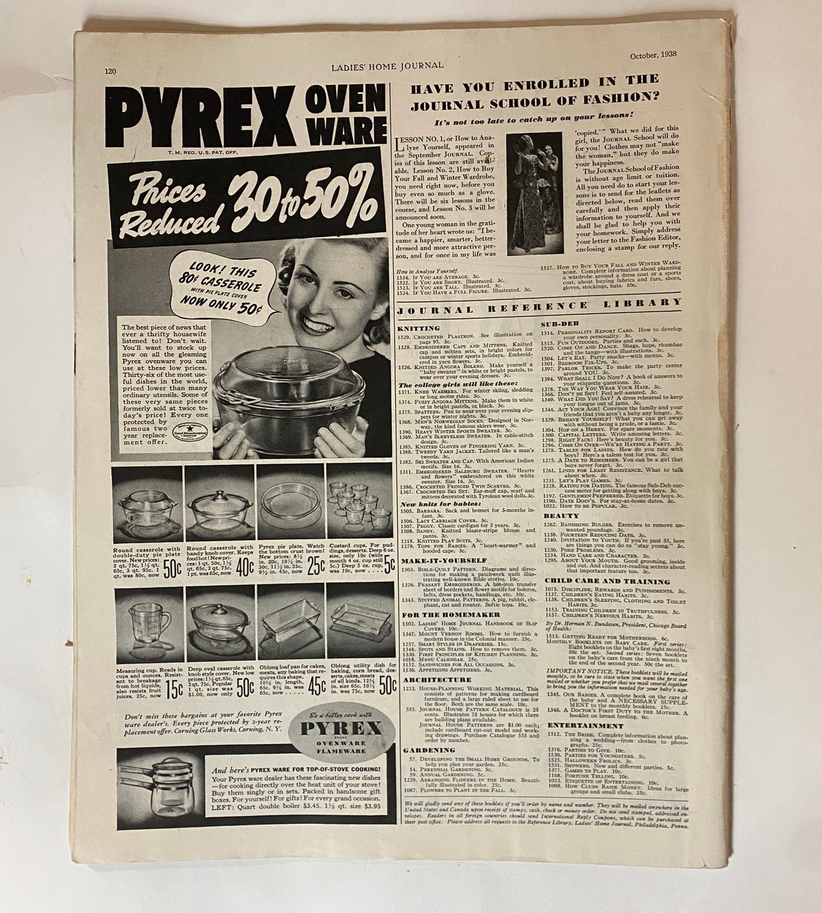 Advertisement page from Ladies' Home Journal Magazine, October 1938, highlighting Pyrex ovenware with price reductions, illustrating vintage marketing trends and household goods of the time.