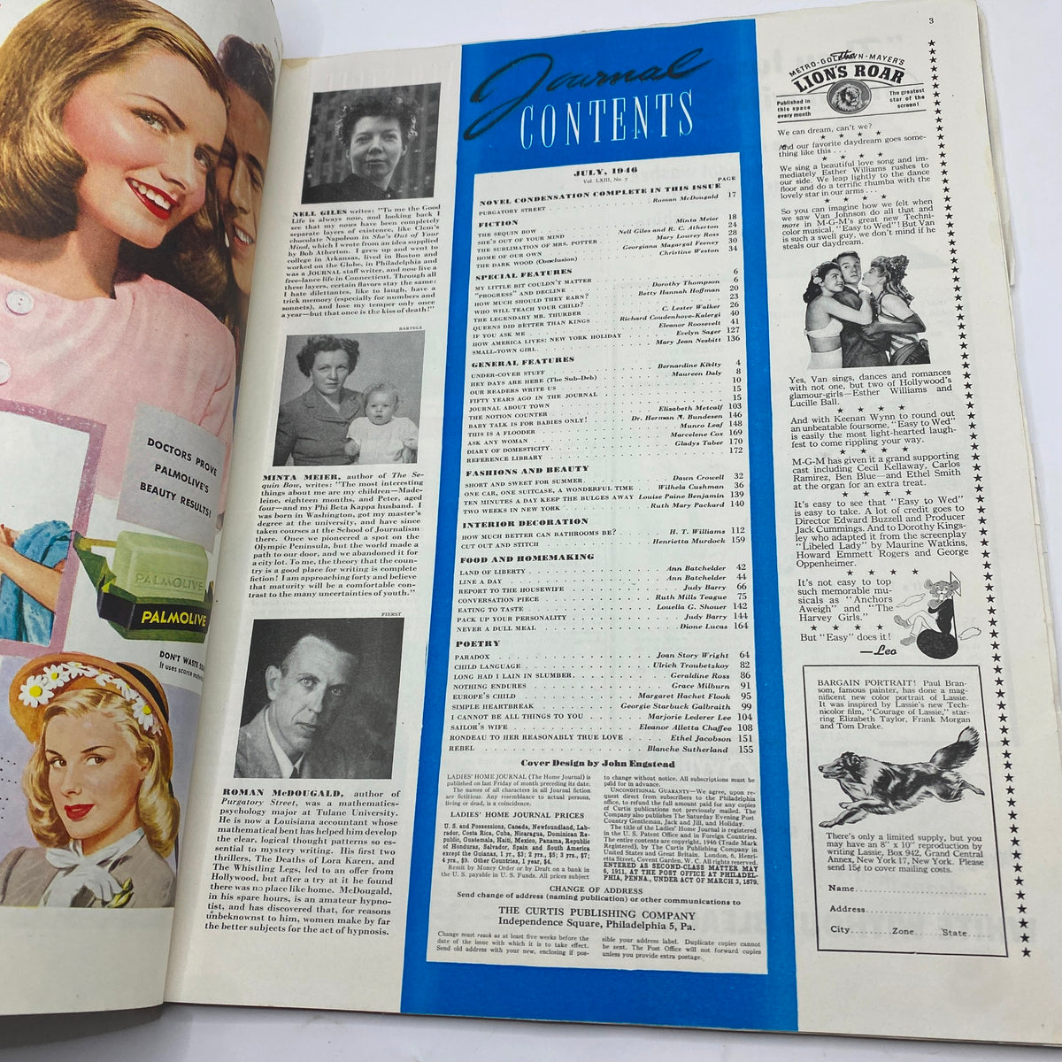 Interior page of Ladies' Home Journal Magazine July 1946 displaying the table of contents, highlighting stories and articles including special features and beauty tips.