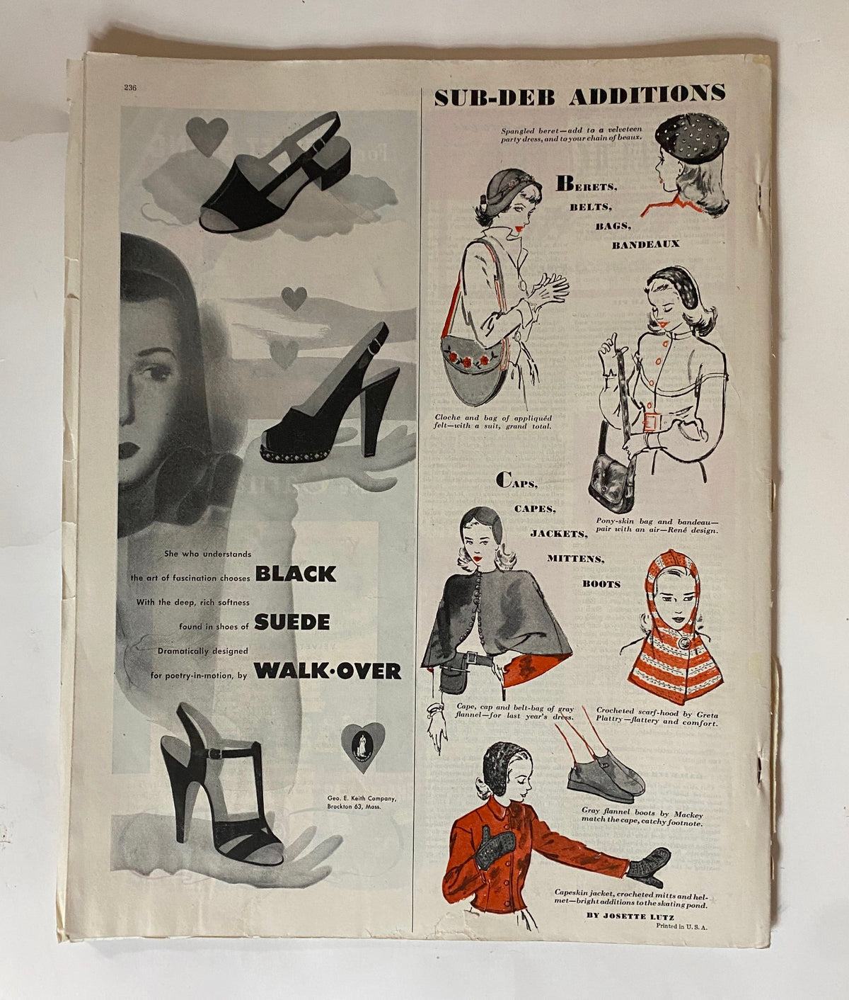 Vintage fashion advertisement page from Ladies' Home Journal Magazine September 1946 highlighting stylish accessories like shoes, jackets, and hats, reflecting 1940s fashion.