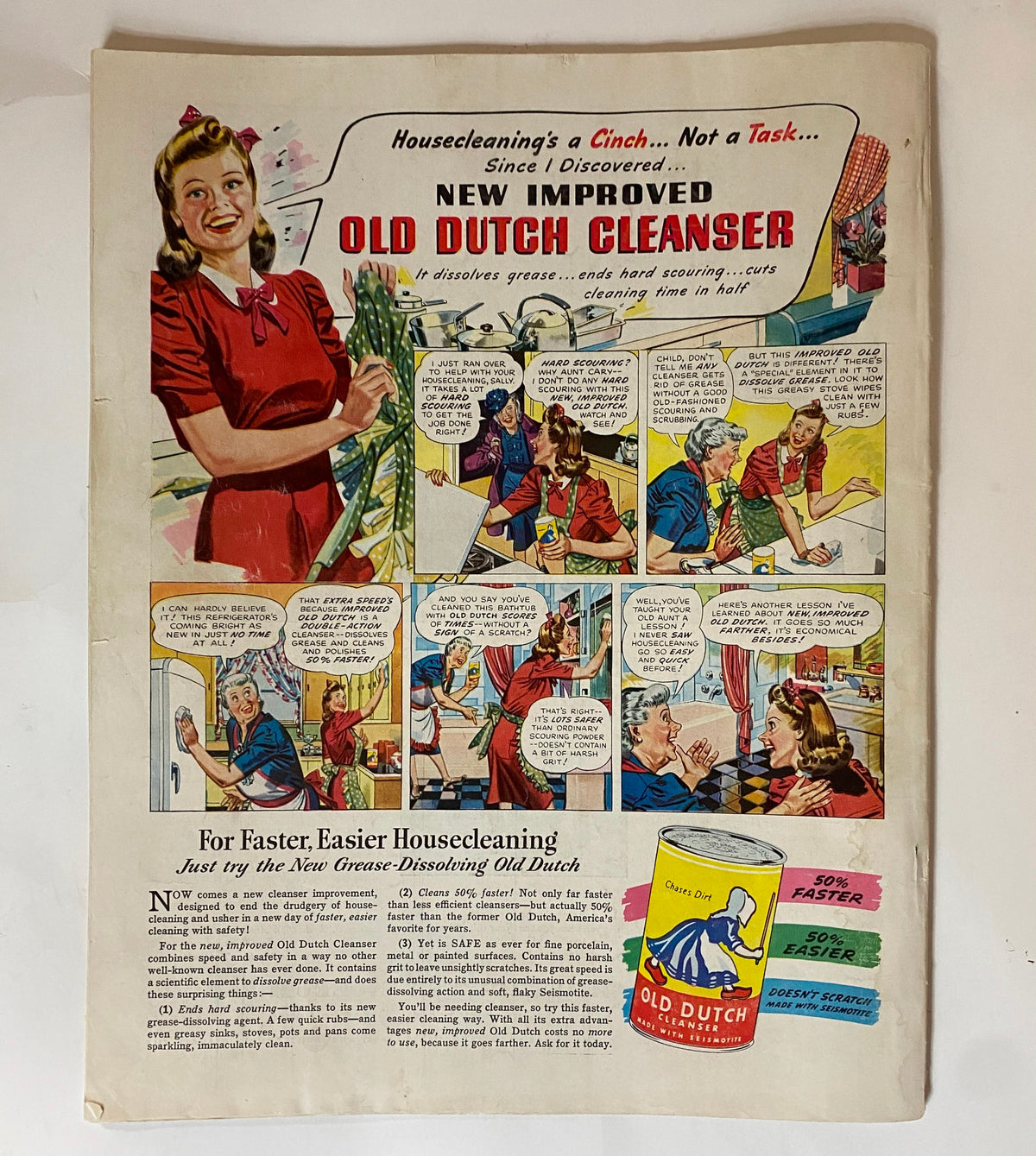 Advertisement for Old Dutch Cleanser from Woman's Home Companion Magazine May 1942 illustrating house cleaning tips and product features.