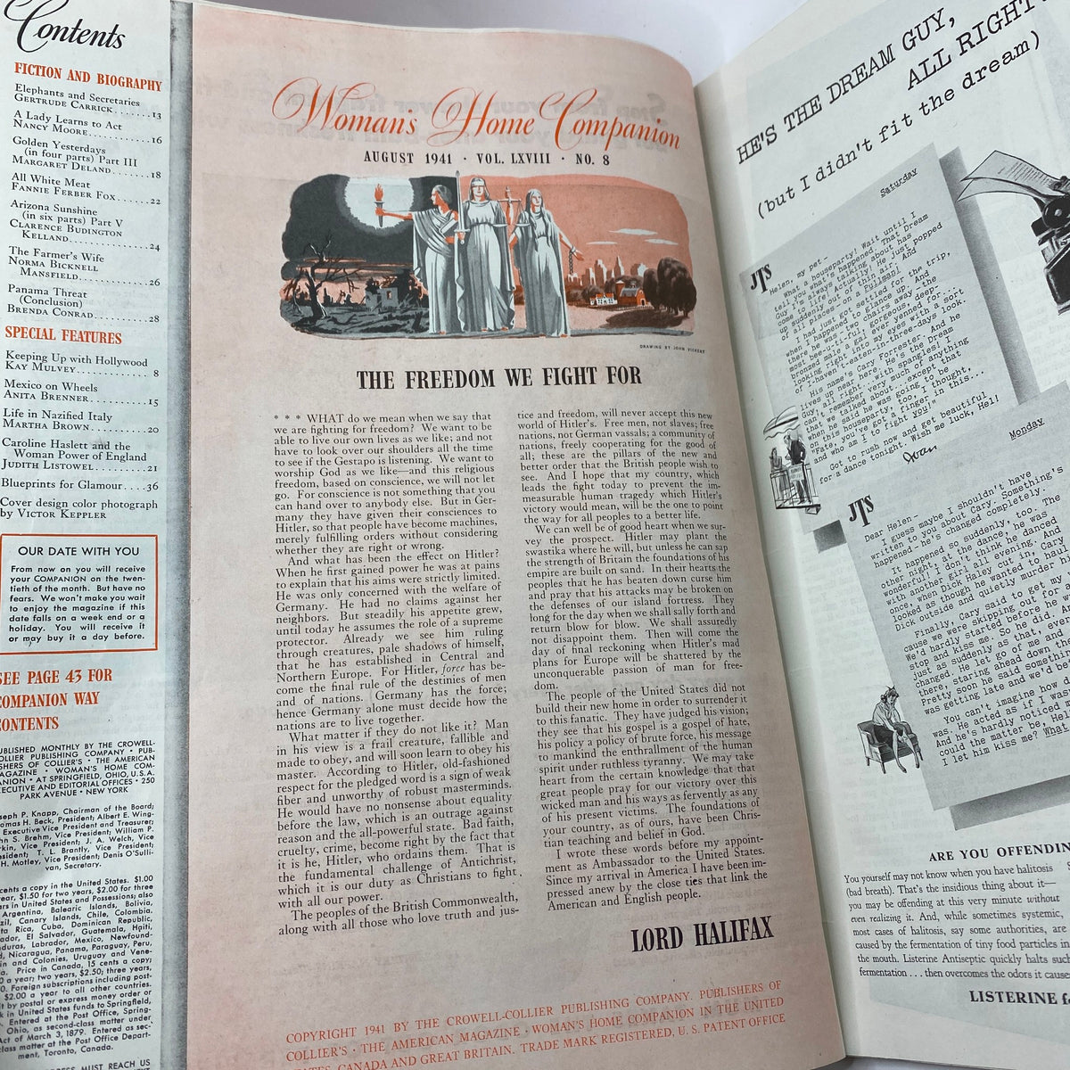 Inside page of Woman's Home Companion Magazine from August 1941, showcasing the table of contents and an article titled 'The Freedom We Fight For', reflecting the wartime contributions of women during World War II.