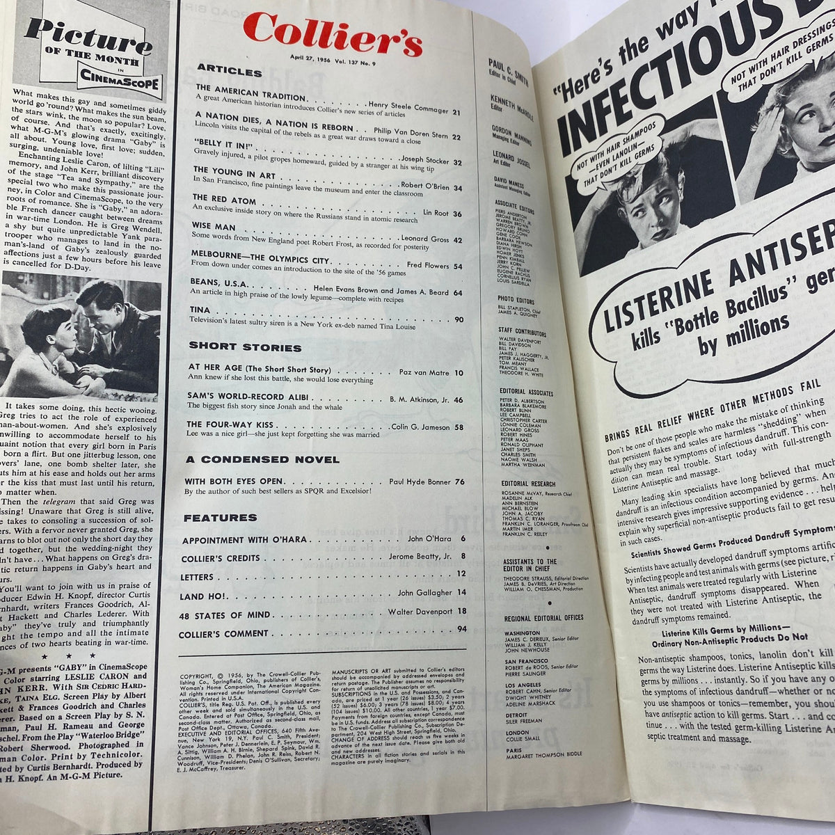 Interior pages of Collier's Magazine, April 27, 1956, showcasing featured articles and short stories from the issue, capturing the essence of mid-20th century American culture and literature.
