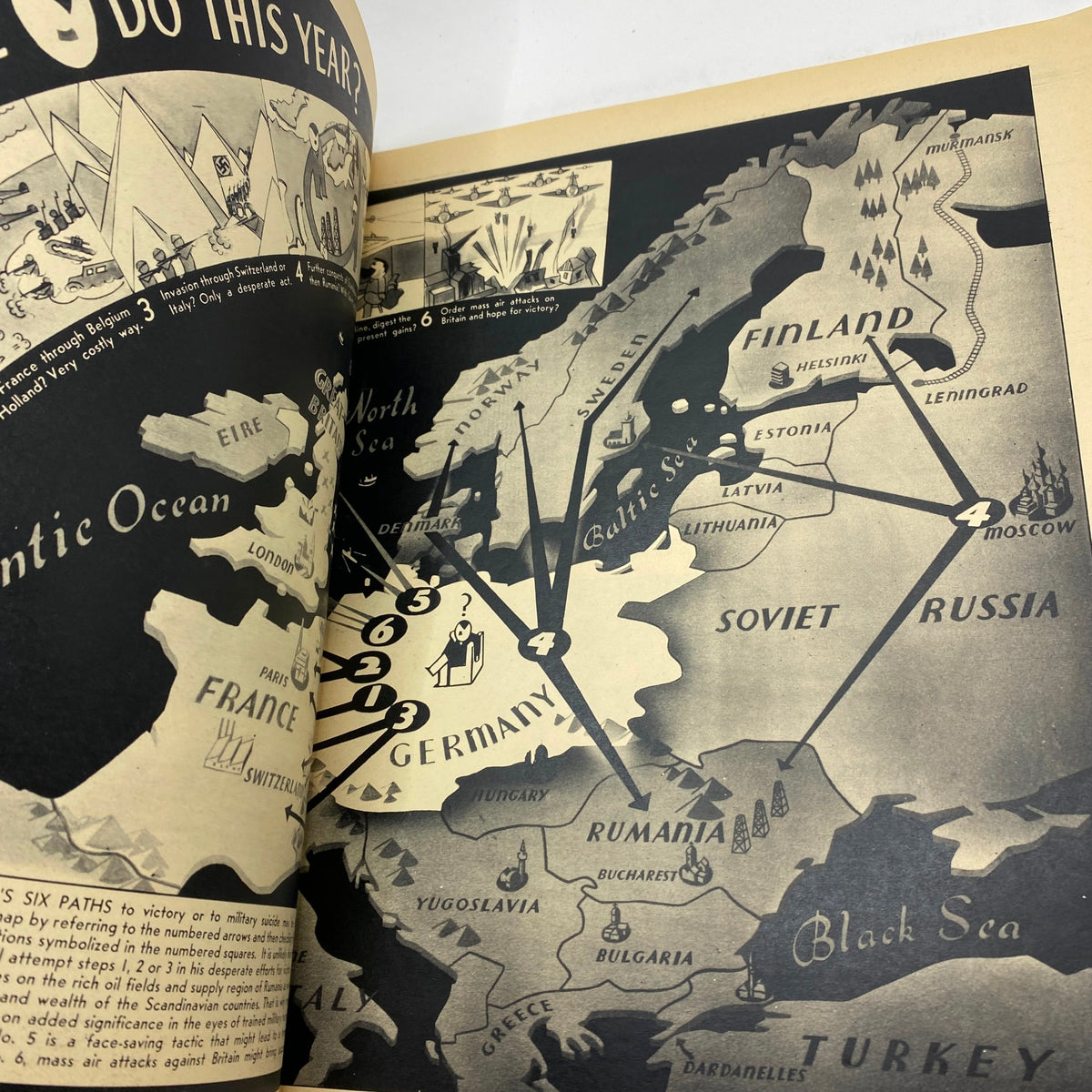 Vintage map illustration from VTG Click Magazine March 1940 Vol 3 No. 2, depicting a detailed geographical layout of Europe with connections highlighted for military strategies during WWII.
