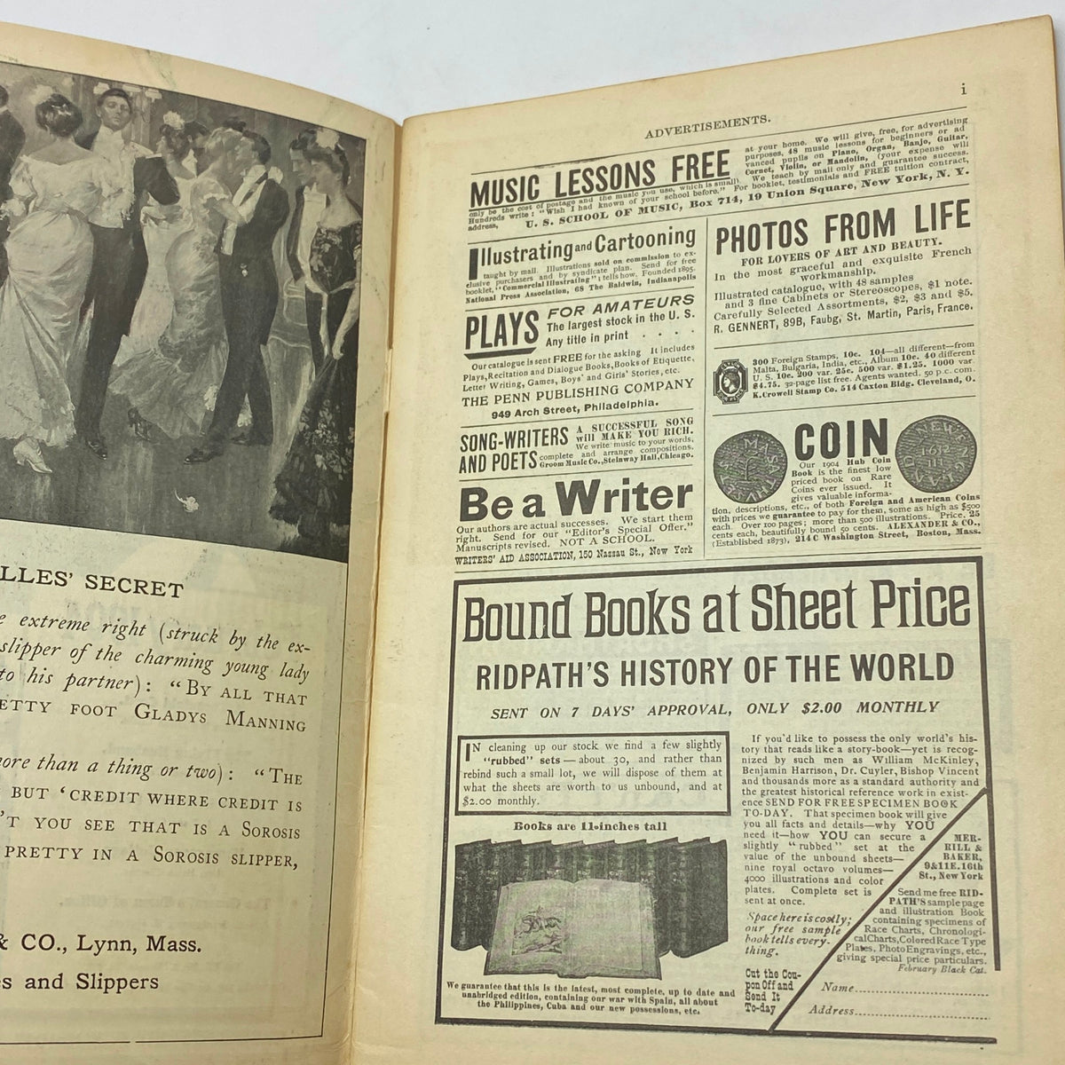 Inside page of VTG The Black Cat Magazine February 1904 featuring advertisements for music lessons, writing courses, and bound books at sheet price.
