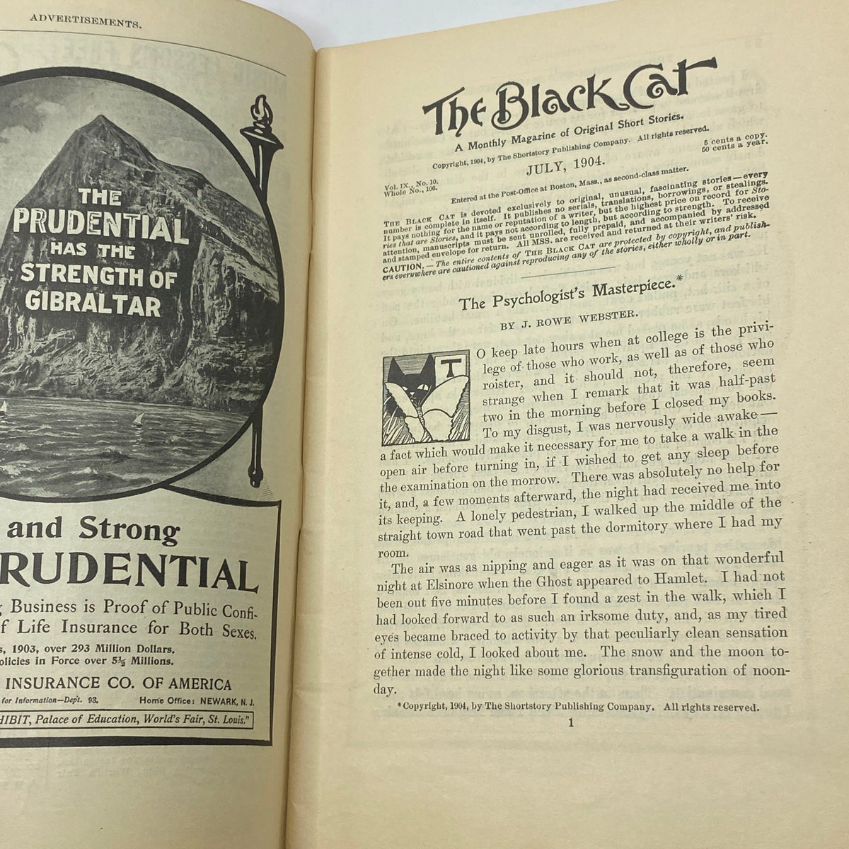Featured article page in VTG The Black Cat Magazine July 1904 titled 'The Psychologist's Masterpiece' with intriguing content.