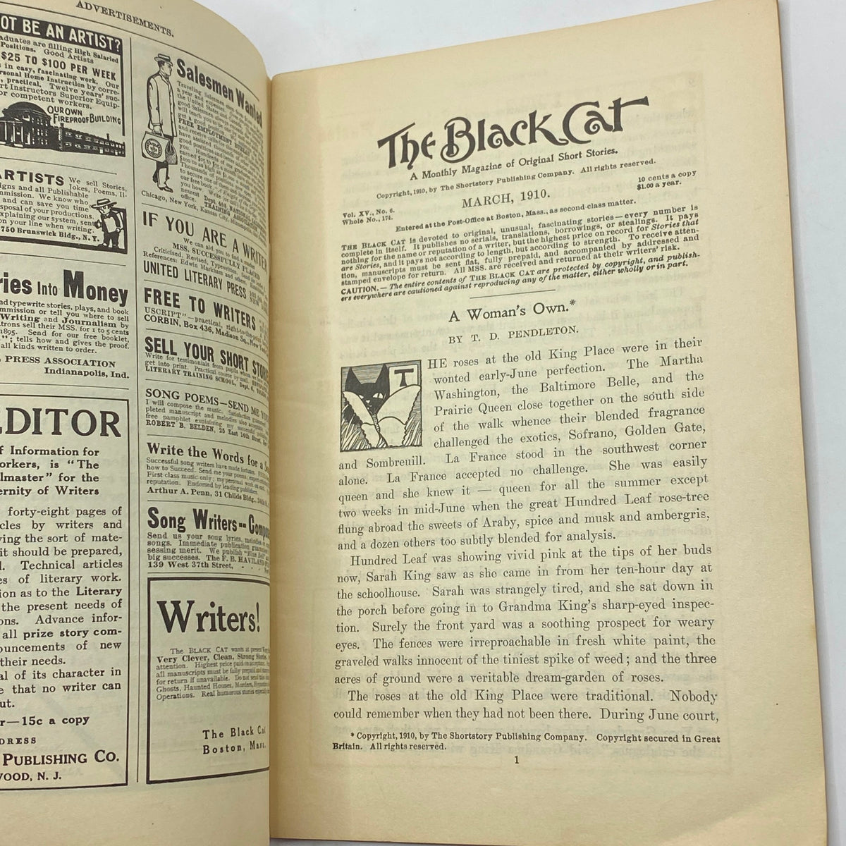 Page from VTG The Black Cat Magazine March 1910 showcasing an article titled 'A Woman's Own' by P. D. Pendleton, highlighting women's issues and perspectives from the early 20th century.