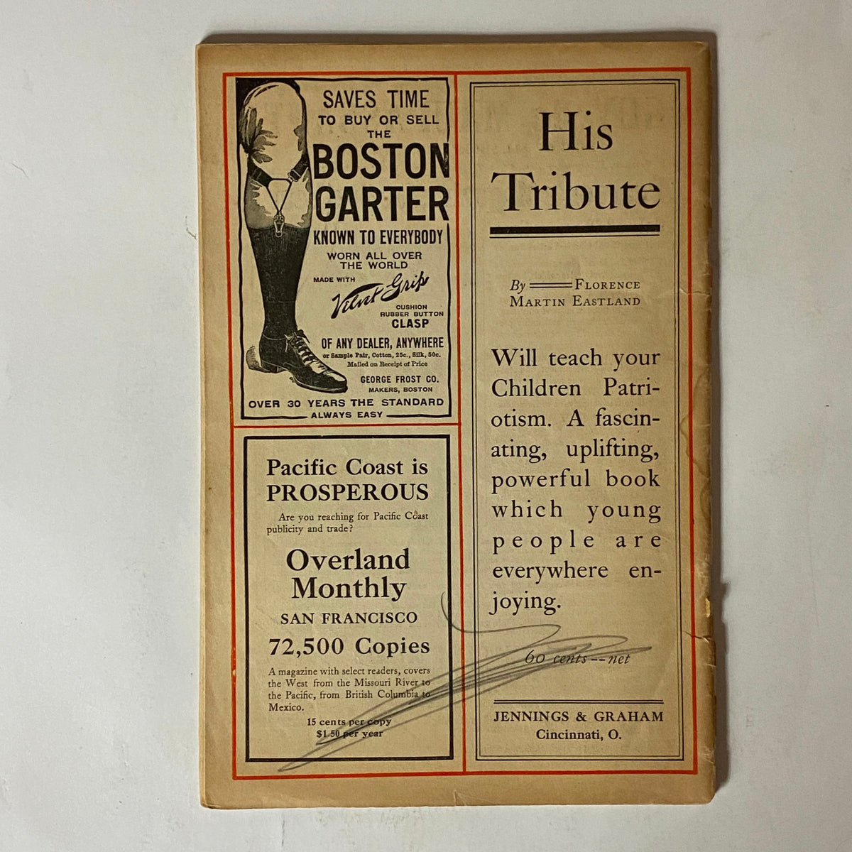 Back cover of VTG The Black Cat Magazine March 1910 displaying an advertisement for the Boston Garter and a tribute by Florence Martin Eastland, emphasizing vintage advertising and historical context.
