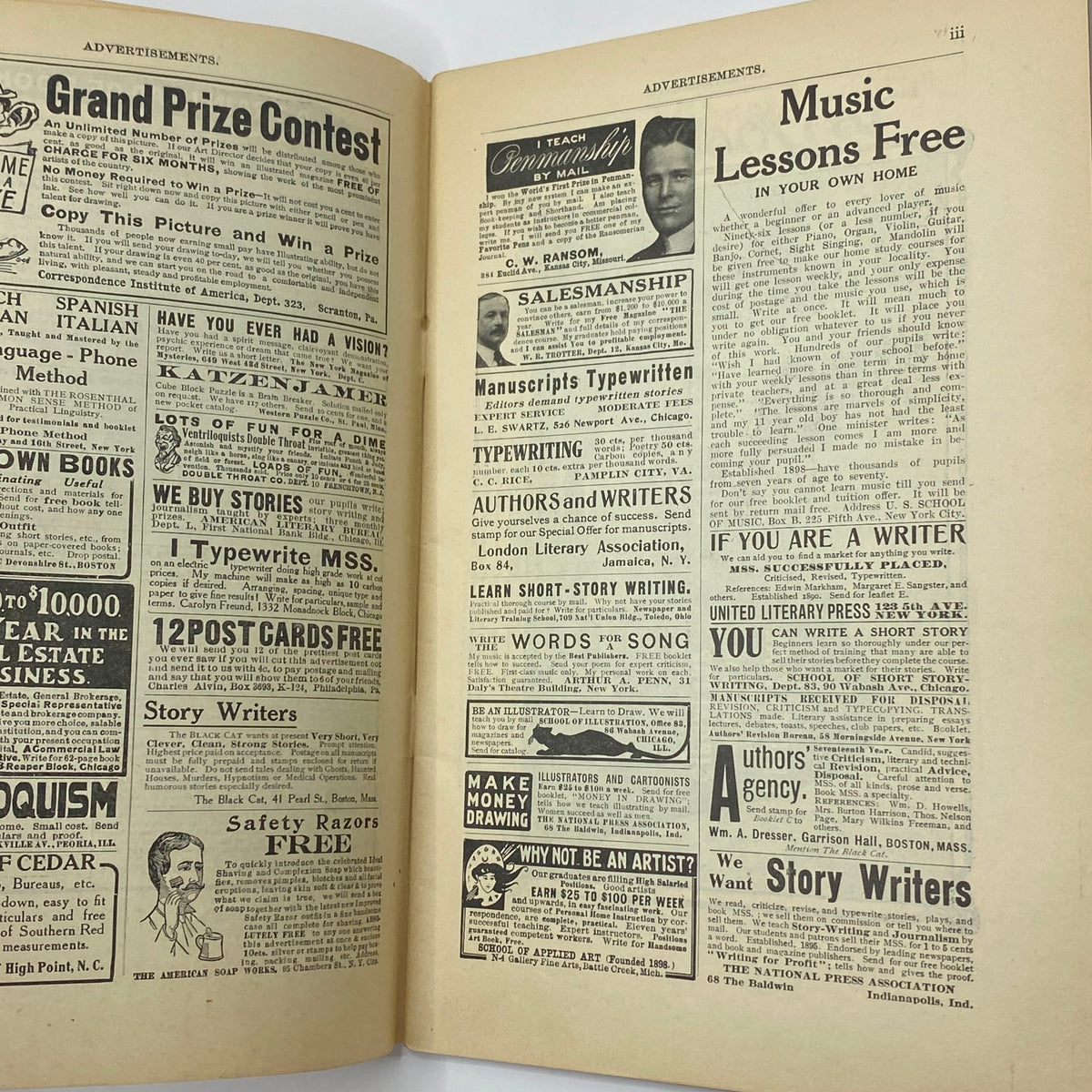Another interior advertisement page from VTG The Black Cat Magazine March 1909 featuring music lessons and a contest.