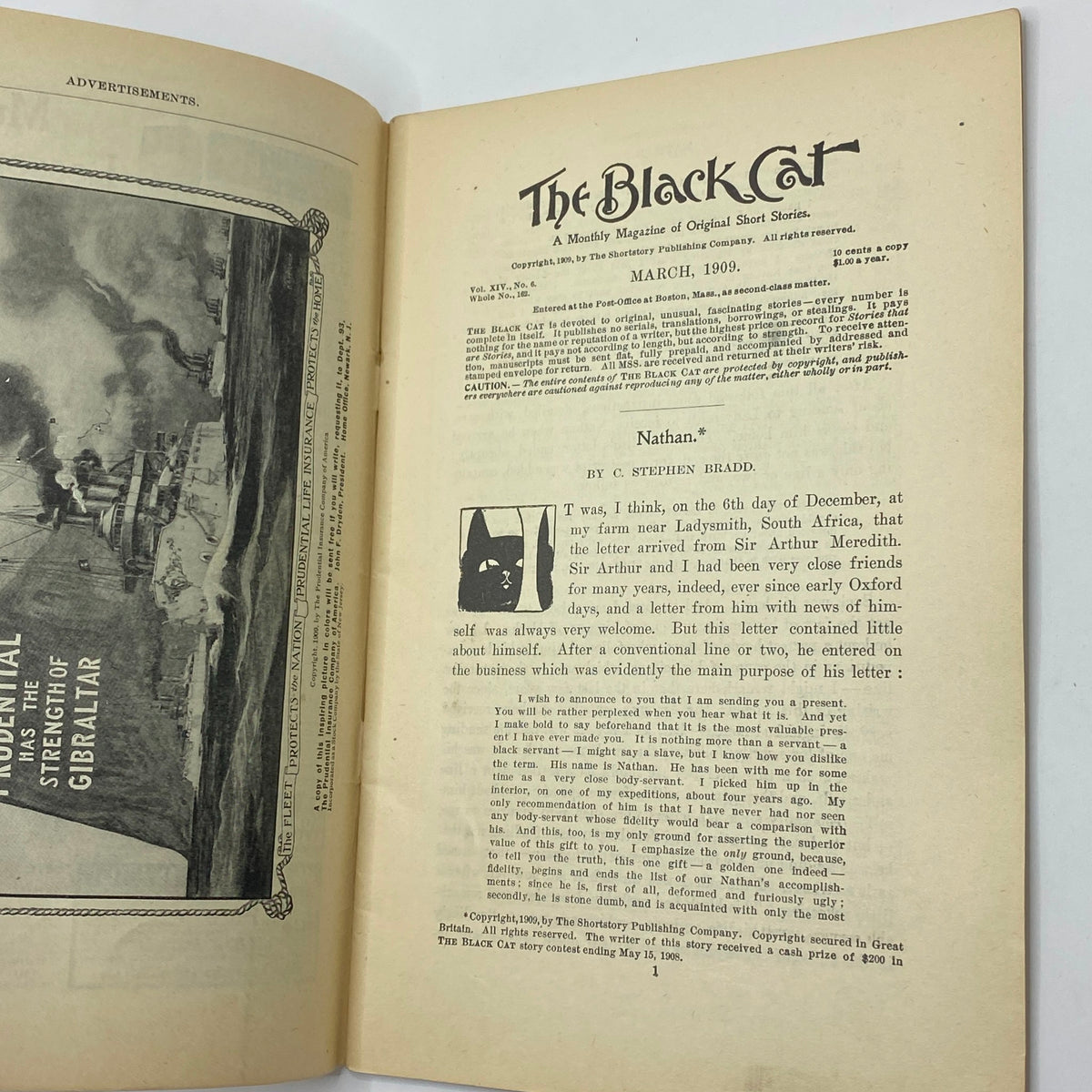 Title page of VTG The Black Cat Magazine March 1909, featuring the story 'Nathan' by C. St. John Beard.