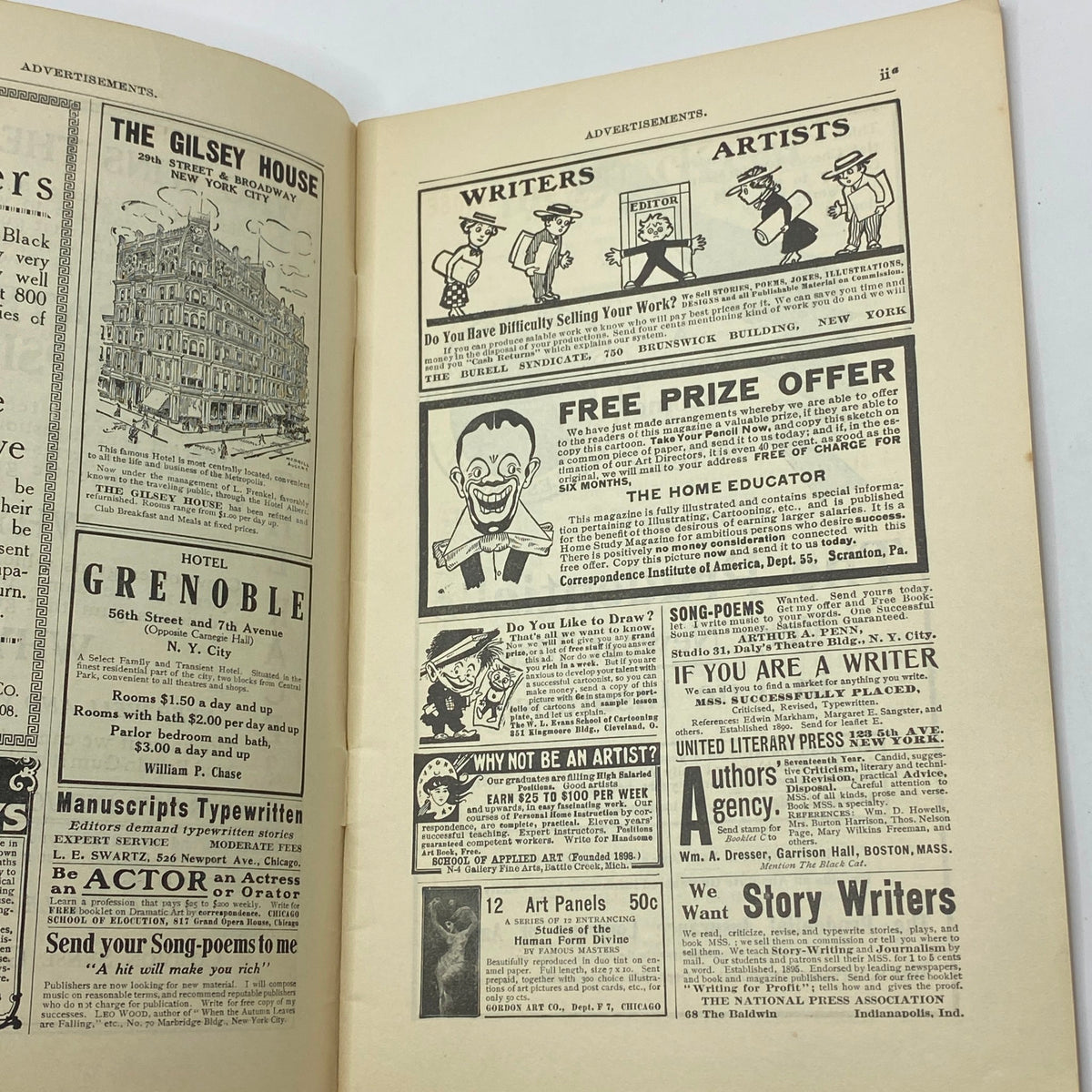Inside page of The Black Cat Magazine October 1908 displaying vintage advertisements targeting writers and artists, contributing to the magazine's historical context as a literary publication.