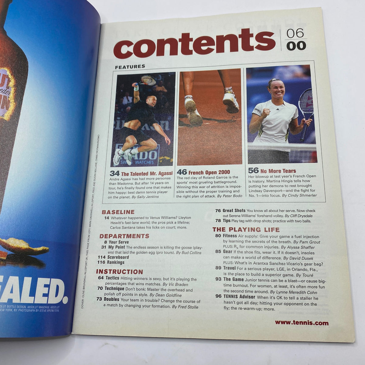 Contents page of Tennis Magazine June 2000 featuring Andre Agassi, showcasing articles and sections related to professional tennis.