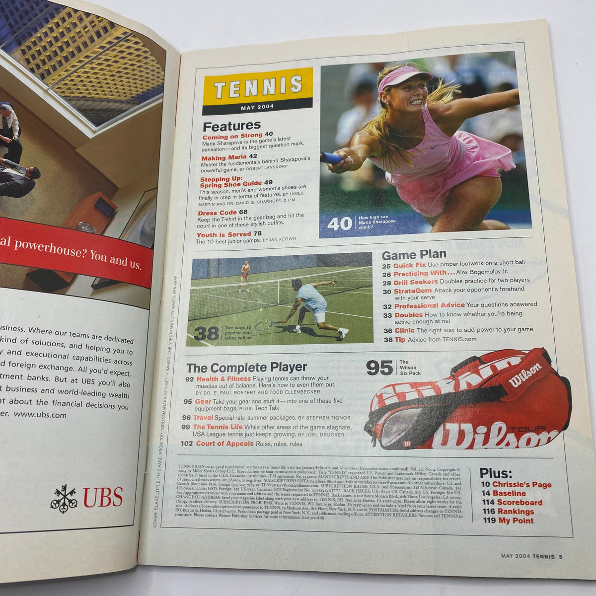 Inside page of Tennis Magazine May 2004 showcasing features, articles, and a game plan, highlighting Maria Sharapova.