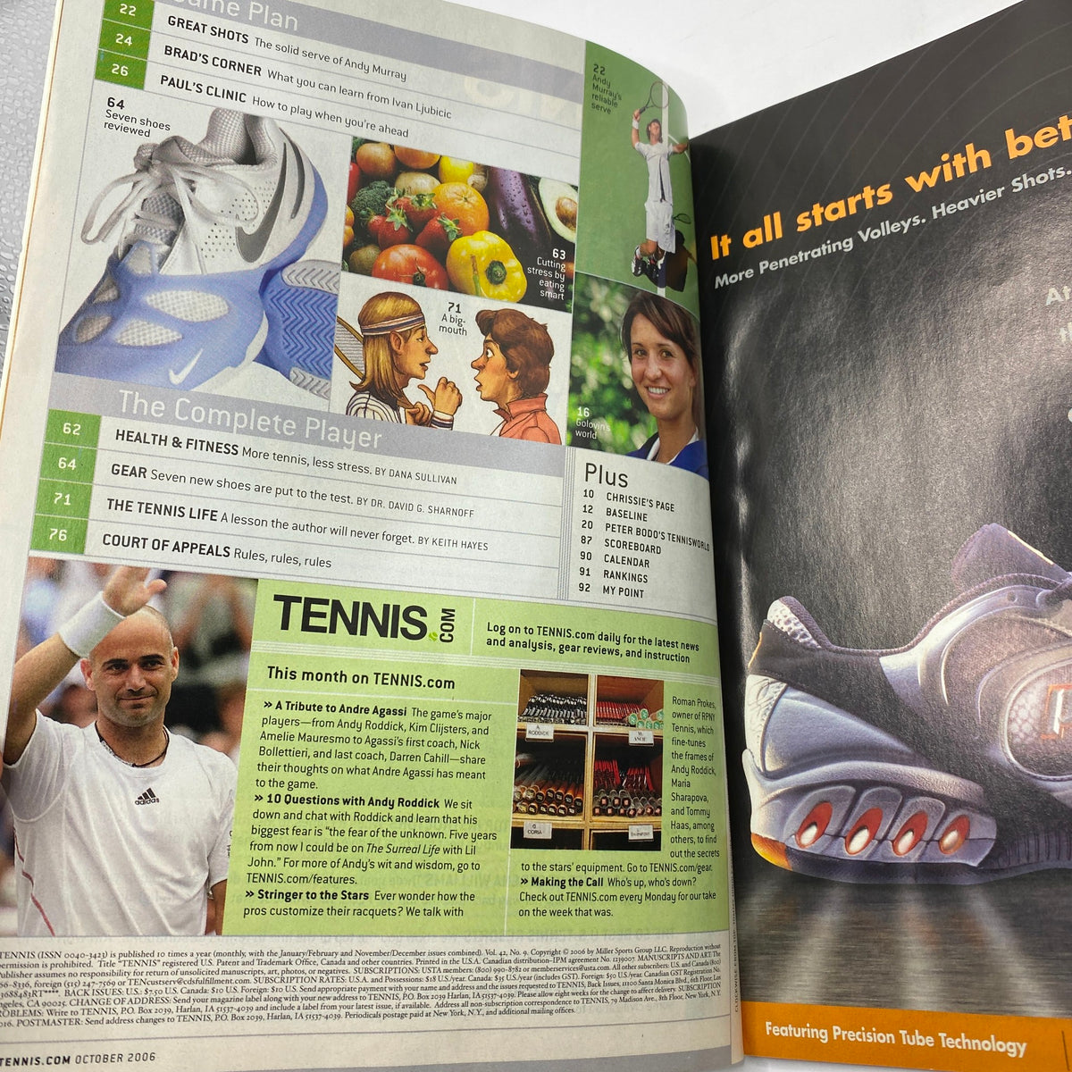 Another inside page of Tennis Magazine October 2006 with features on tennis equipment and educational content, alongside advertisements, enhancing the reader's tennis knowledge.