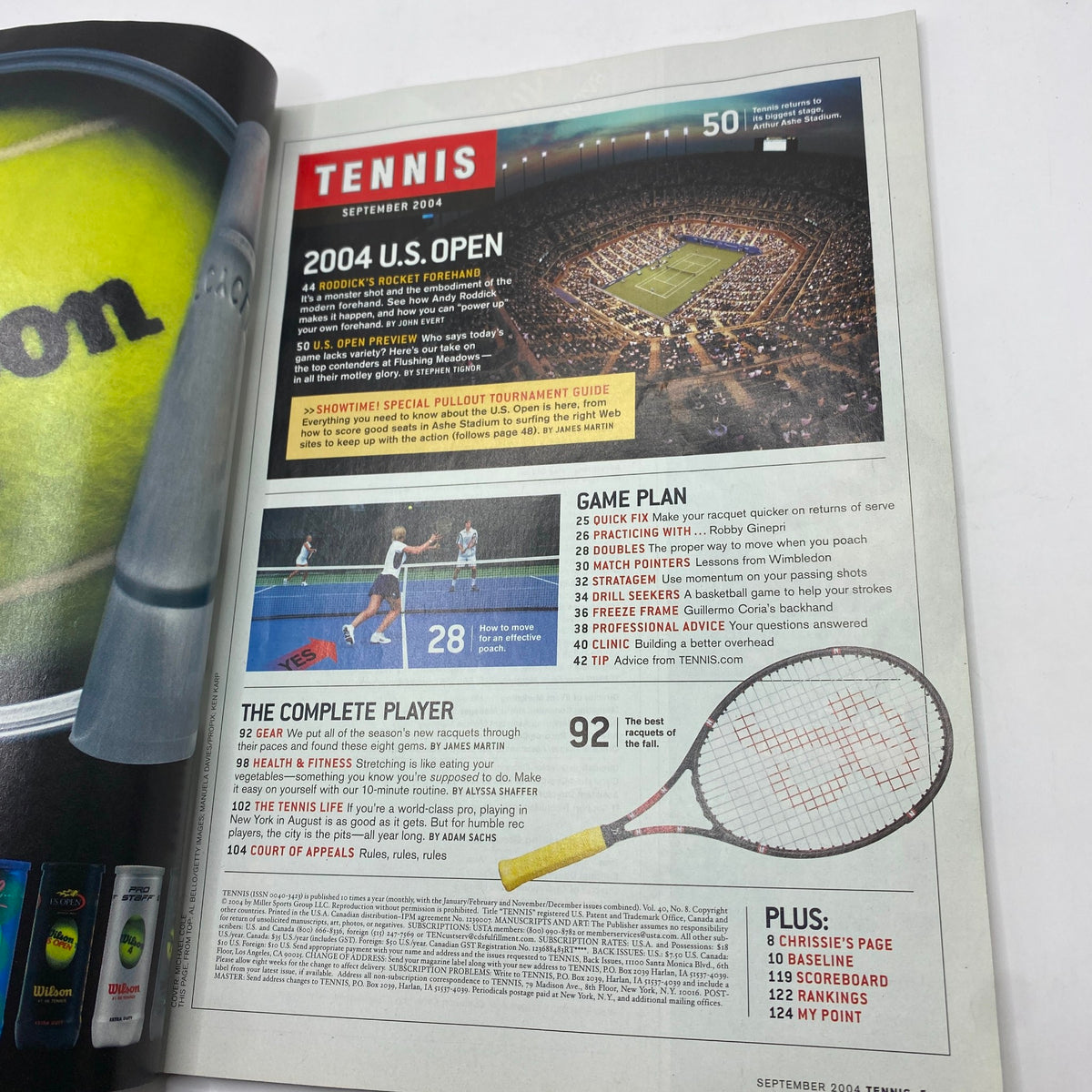 Inside page of Tennis Magazine September 2004 showcasing a comprehensive guide to the 2004 U.S. Open and player features.