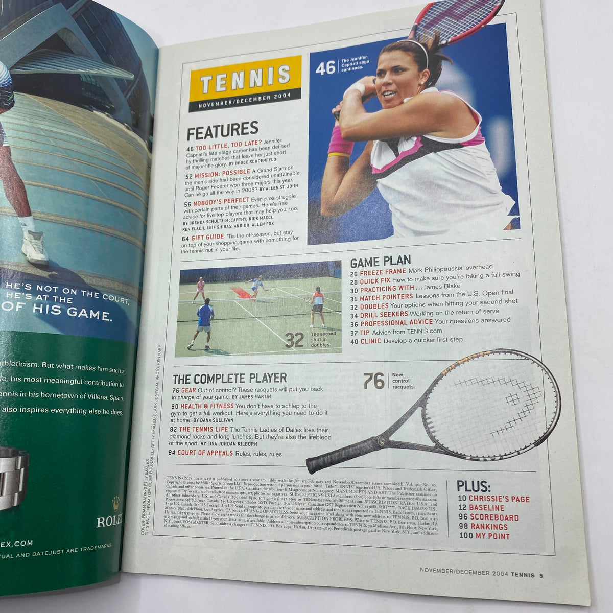 Tennis Magazine November December 2004 Jennifer Capriati Cover Features Page, showcasing the magazine's contents including player highlights, game tips, and player statistics.