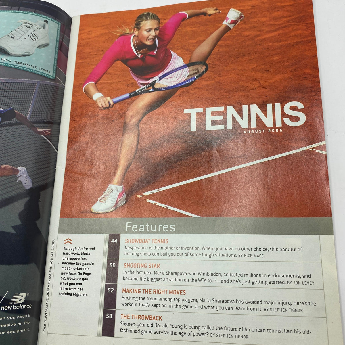 Features section of Tennis Magazine August 2005, featuring an article on Sharapova, along with a section dedicated to showboat tennis and player strategies in women's tennis.