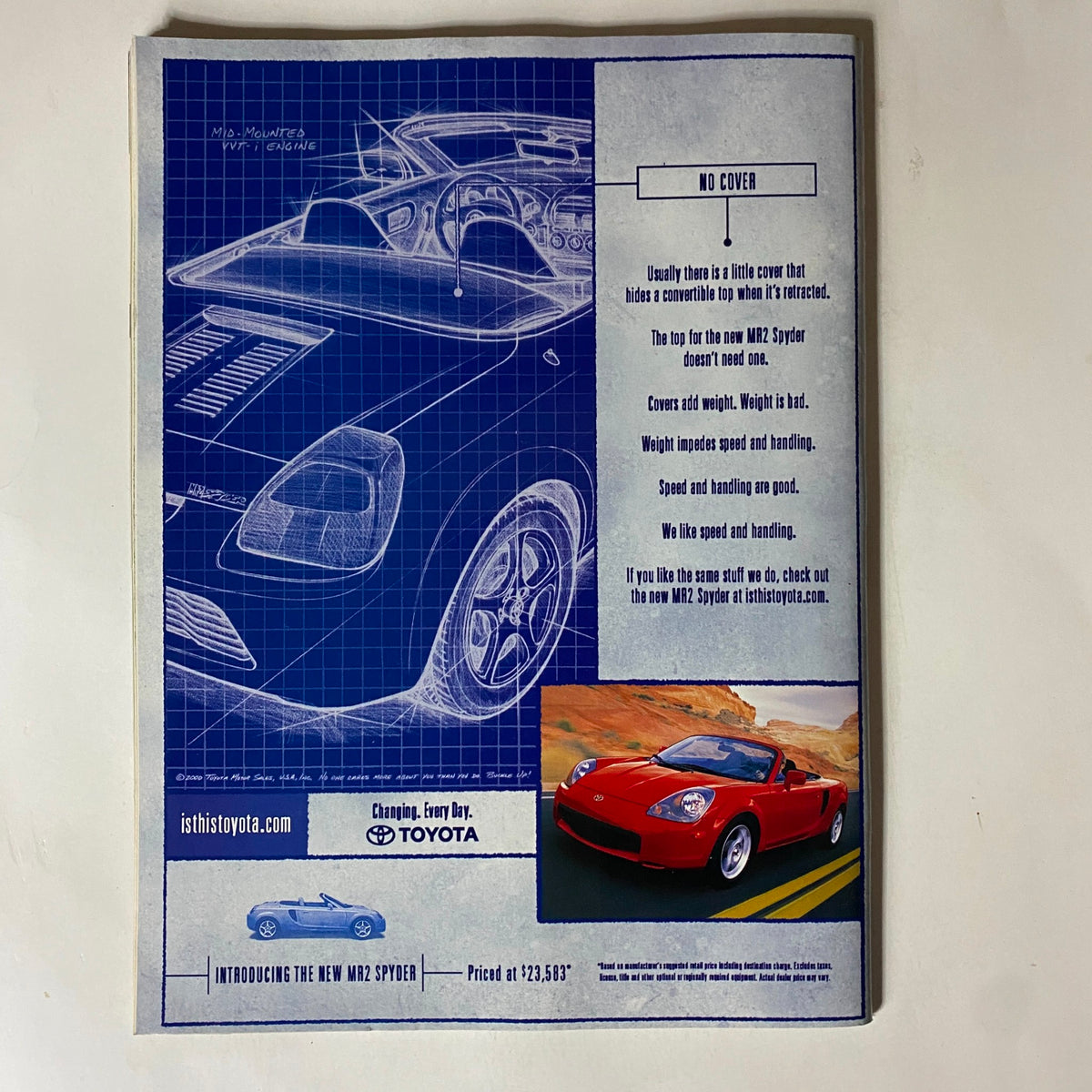 Vintage advertisement introducing the new Toyota MR2 Spyder from July August 2000 issue of Tennis Magazine featuring Lindsay Davenport on the cover.