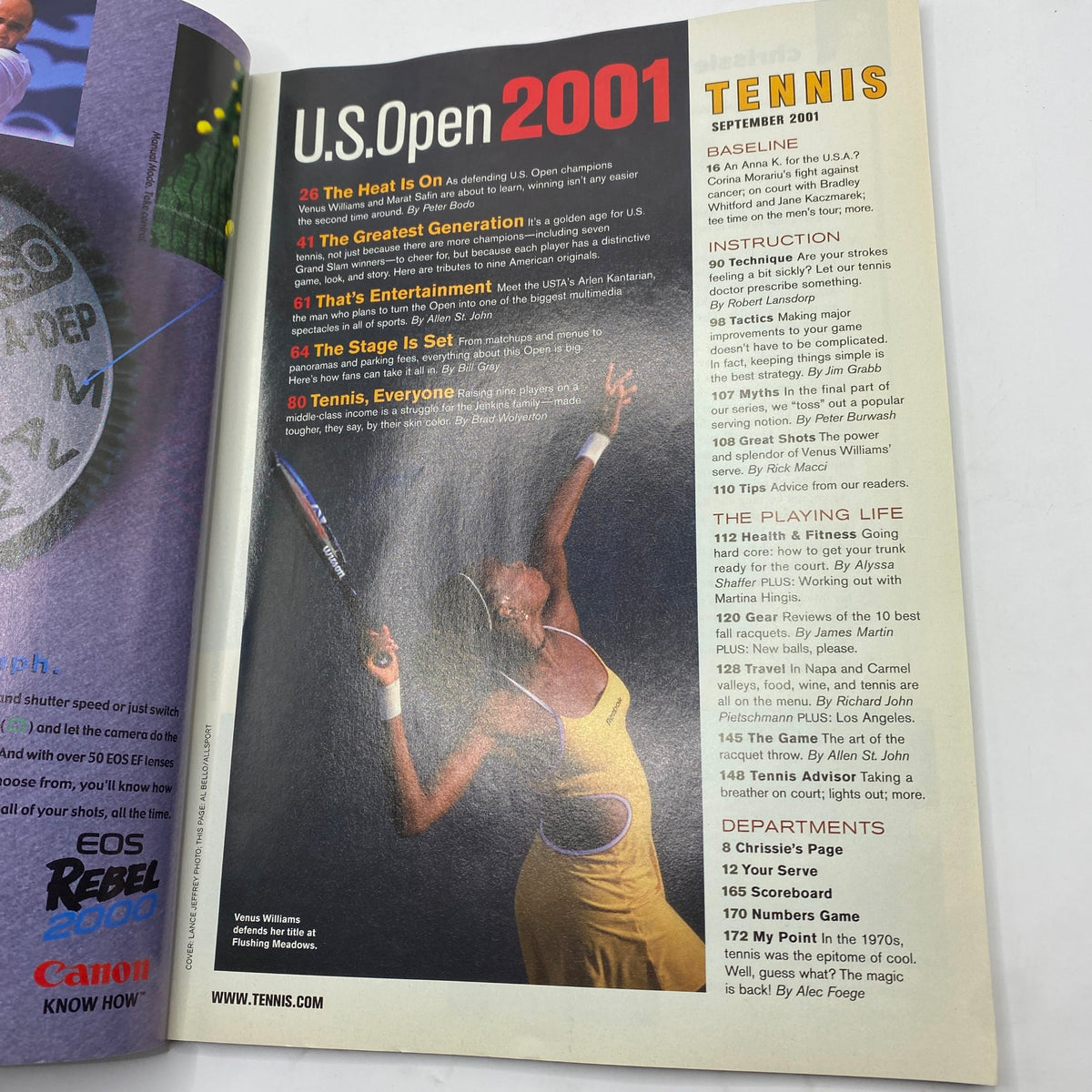 Inside page of Tennis Magazine September 2001, featuring the U.S. Open 2001 preview with editorial content related to tennis, showcasing the vibrant sports culture of the early 2000s.
