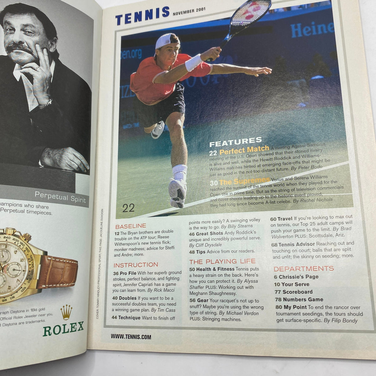 Interior page from Tennis Magazine November 2001 displaying a tennis player in action with a focus on instructional content and features about the sport.