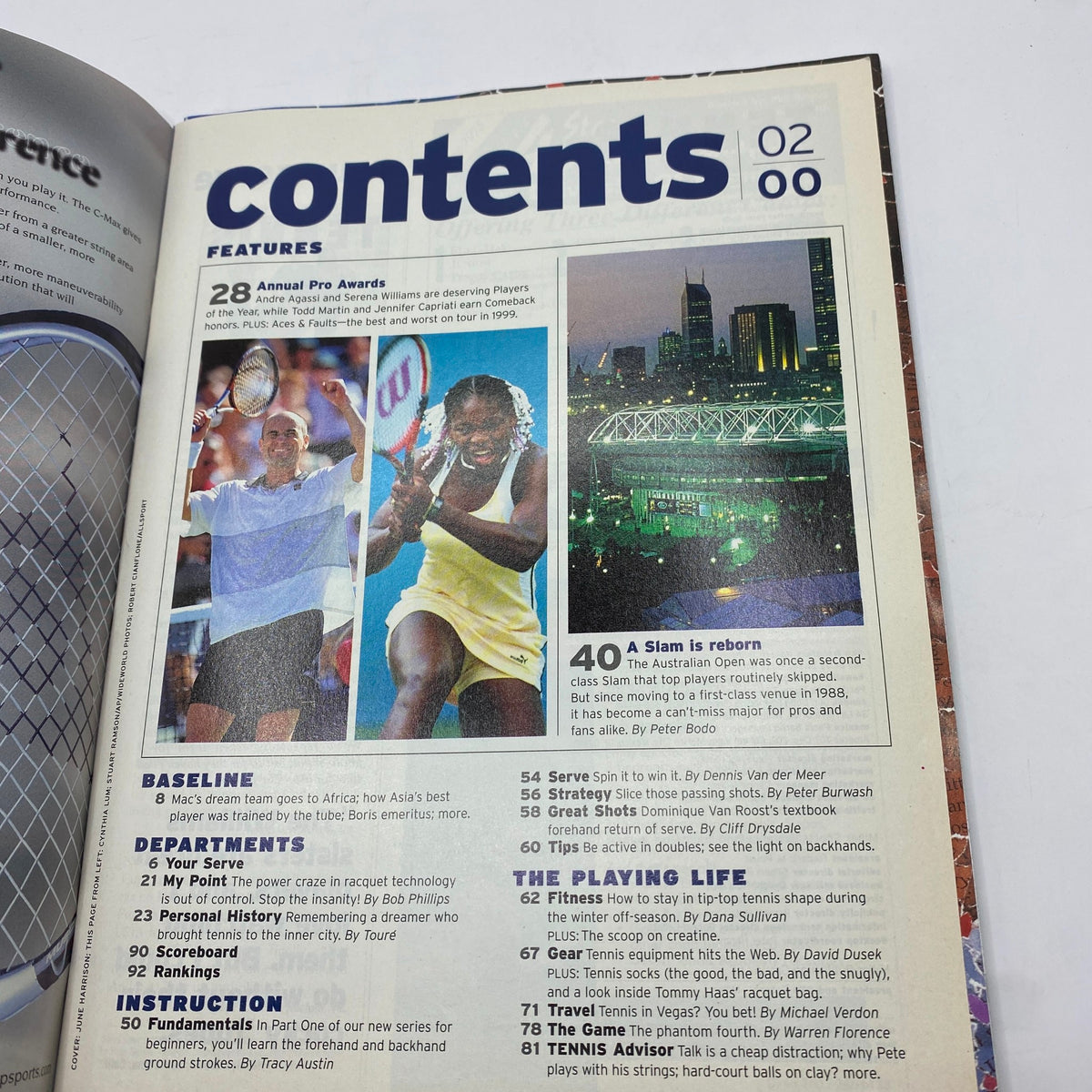 Contents page of Tennis Magazine February 2000 showcasing featured articles, including the Annual Pro Awards and highlights of Serena Williams’ achievements in tennis.