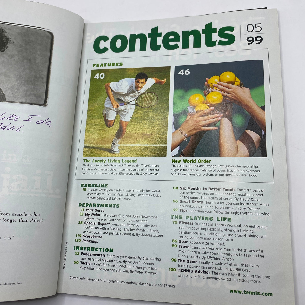 Contents page of Tennis Magazine May 1999, including articles on Pete Sampras and tennis instruction.