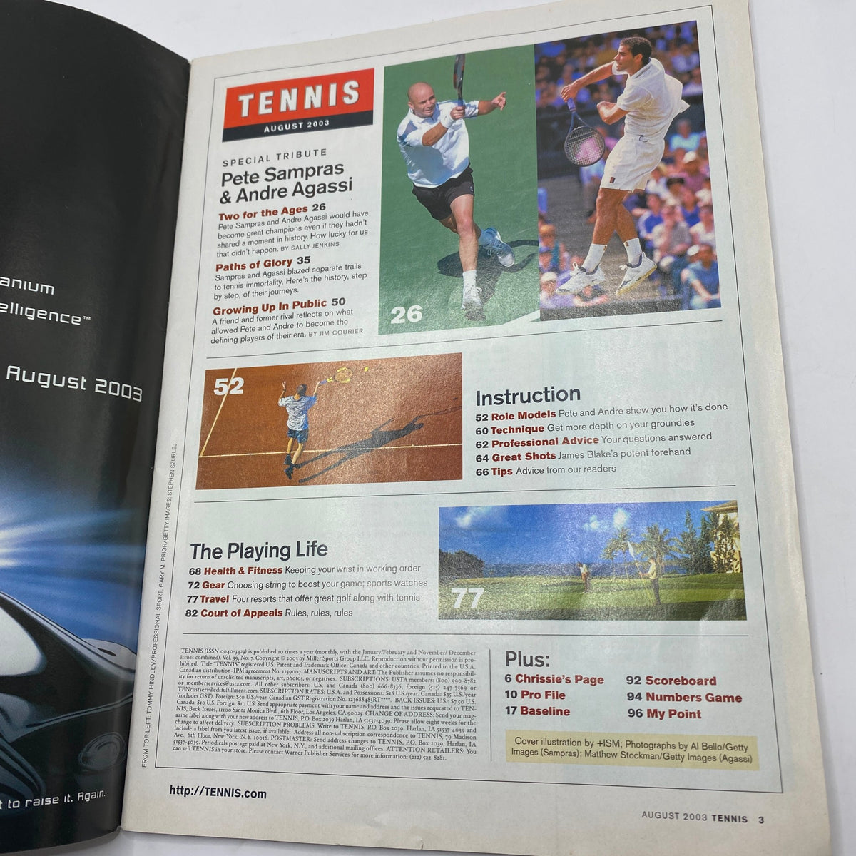 Interior page of Tennis Magazine August 2003 detailing articles focused on Pete Sampras and Andre Agassi, including a table of contents and features related to their tennis careers.