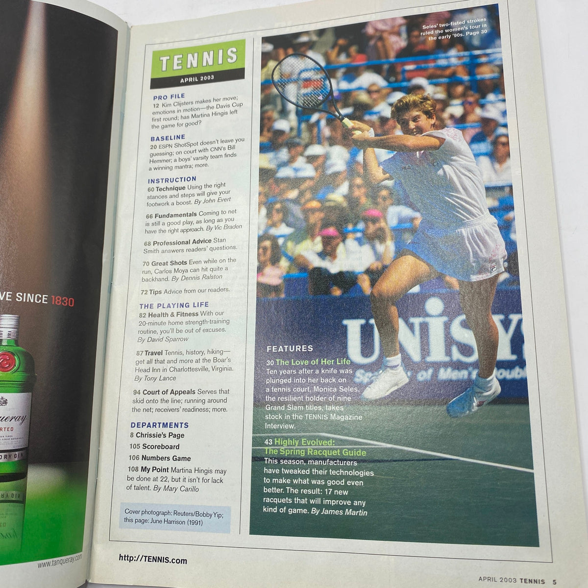Tennis Magazine April 2003 Monica Seles Cover showcasing a player on the court, with professional tennis action and game highlights.