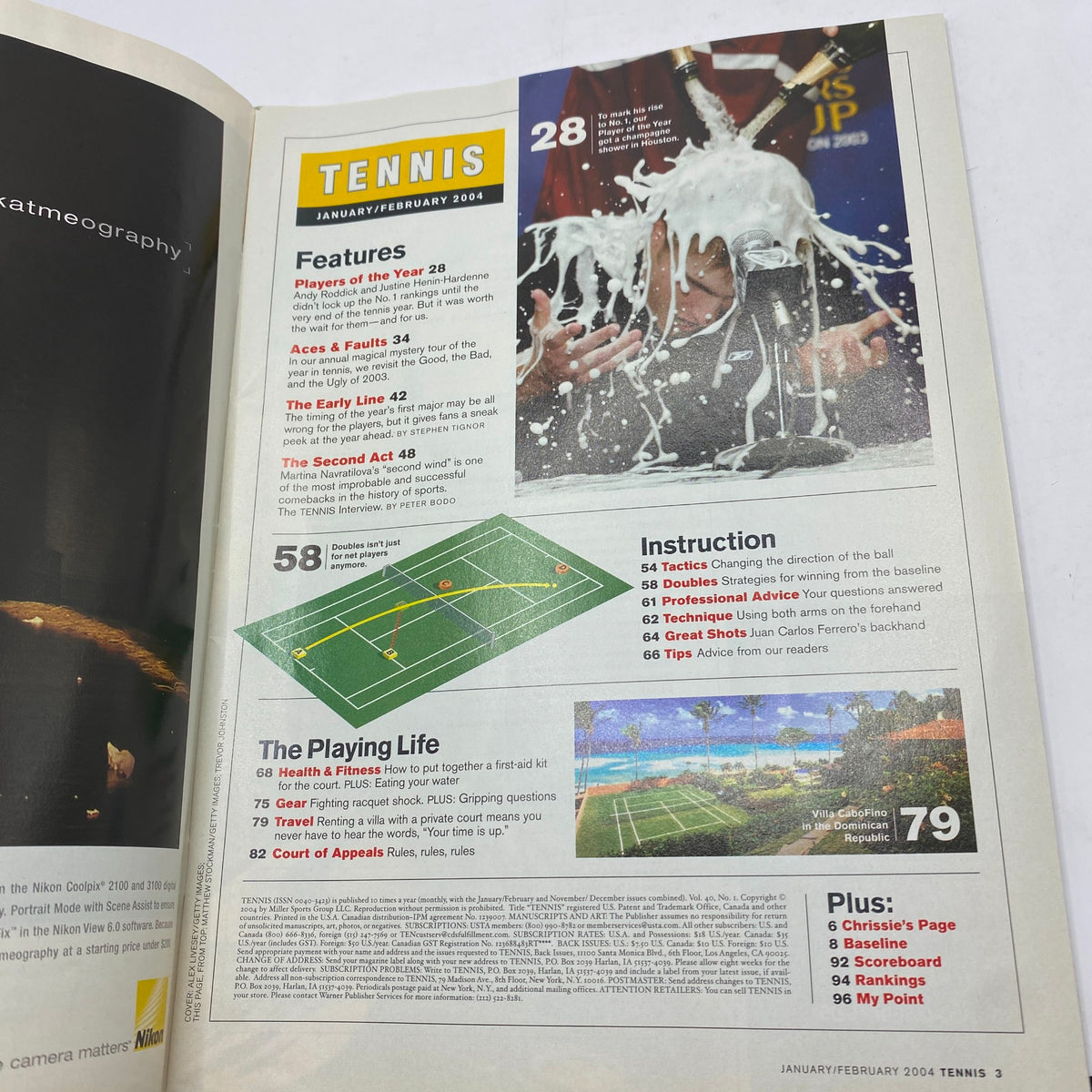 Interior page of Tennis Magazine January February 2004 featuring articles on tennis players, instruction tips, and a detailed layout of the magazine's content.