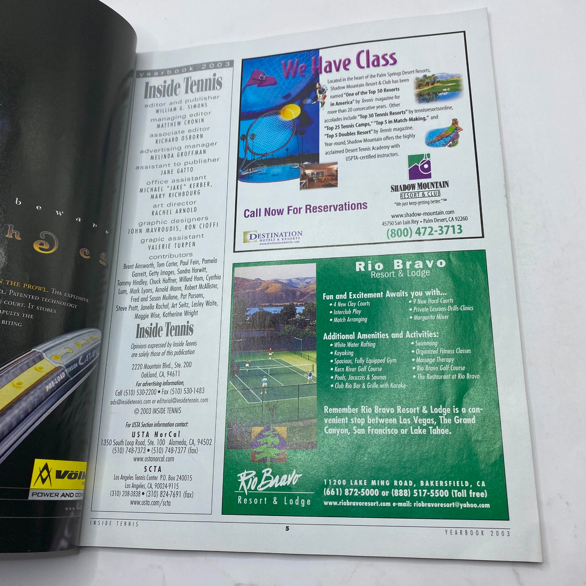 Inside page of Inside Tennis Magazine 2003 Southern California Yearbook featuring an advertisement for Rio Bravo Resort & Lodge, highlighting amenities and scenic views, capturing the spirit of leisure associated with tennis.