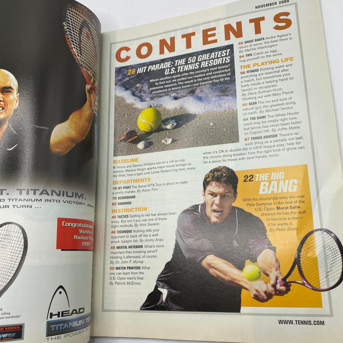 Contents page of Tennis Magazine November 2000 showcasing featured articles including 'The Big Bang' and 'Departments' with tennis-related topics and visuals.