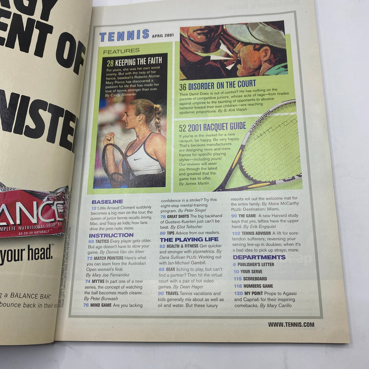 Interior page of Tennis Magazine April 2001 featuring articles and features, including 'Keeping the Faith' and '2001 Racquet Guide', highlighting Mary Pierce's impact in tennis.