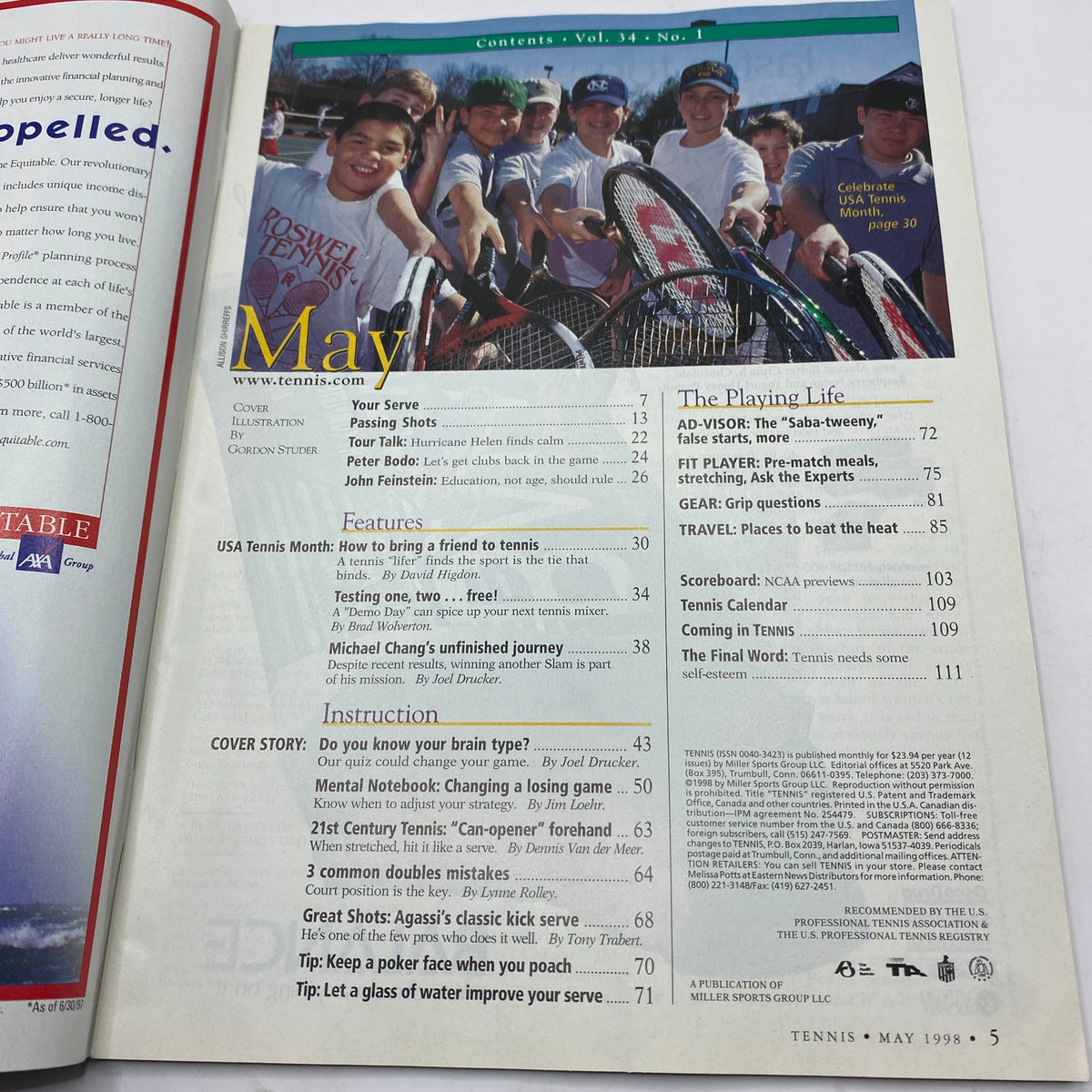Contents page of Tennis Magazine May 1998, detailing feature articles including USA Tennis Month and Michael Chang's unfinished journey.