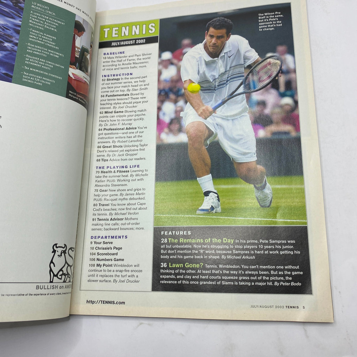 Inside page of Tennis Magazine July August 2002 highlighting an article about Pete Sampras, with a close-up image of him playing tennis.