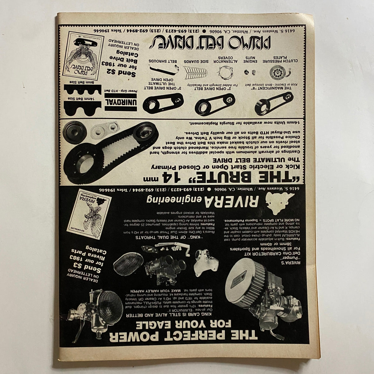 Back cover of VTG Biker Lifestyle Magazine September 1983 Vol 3 No. 9 displaying advertisements for motorcycle parts and accessories.