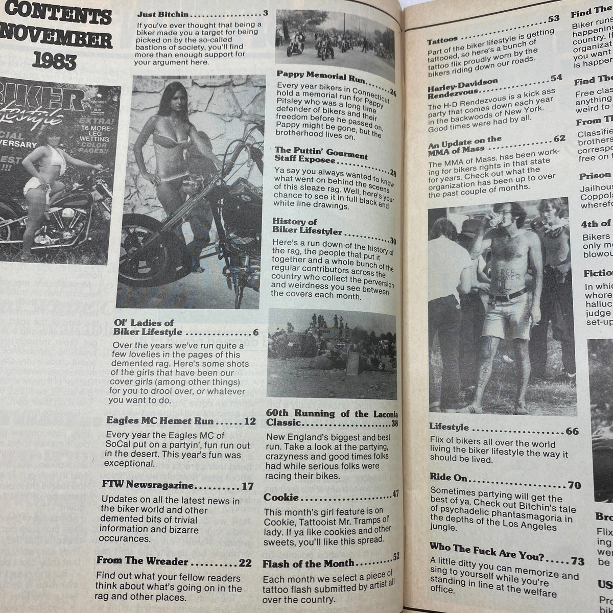 Contents page of Biker Lifestyle Magazine November 1983 Special Anniversary Issue showcasing articles on biker lifestyle, events, and features, alongside classic imagery from the magazine.