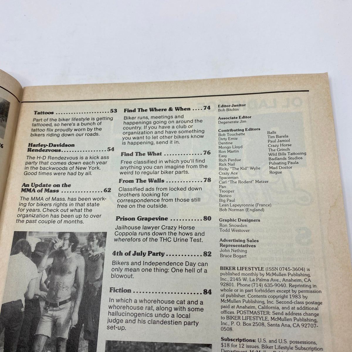 Page layout from Biker Lifestyle Magazine November 1983 Special Anniversary Issue detailing classified ads and magazine features, designed for motorcycle enthusiasts.