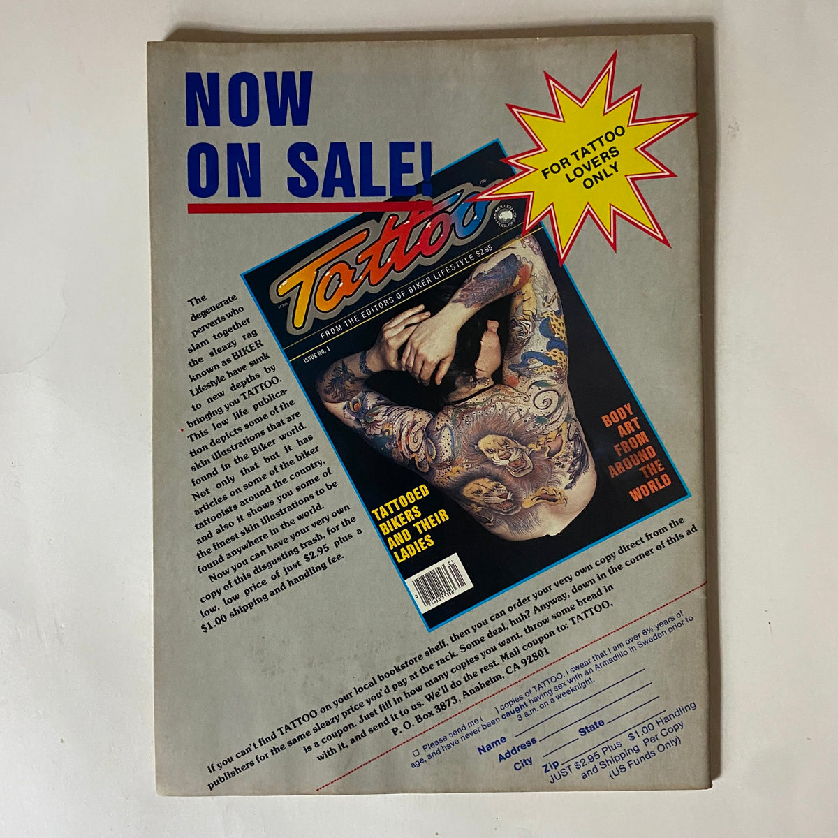 Promotional back cover of Biker Lifestyle Magazine November 1983 Special Anniversary Issue announcing the sale of a tattoo magazine, highlighting body art from bikers and their communities.