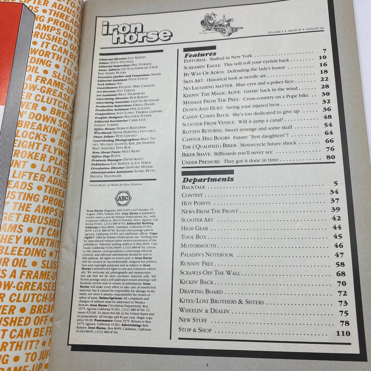 Interior page of Iron Horse Magazine August 1983 Vol 5 No. 35 displaying the table of contents and features related to motorcycle culture.