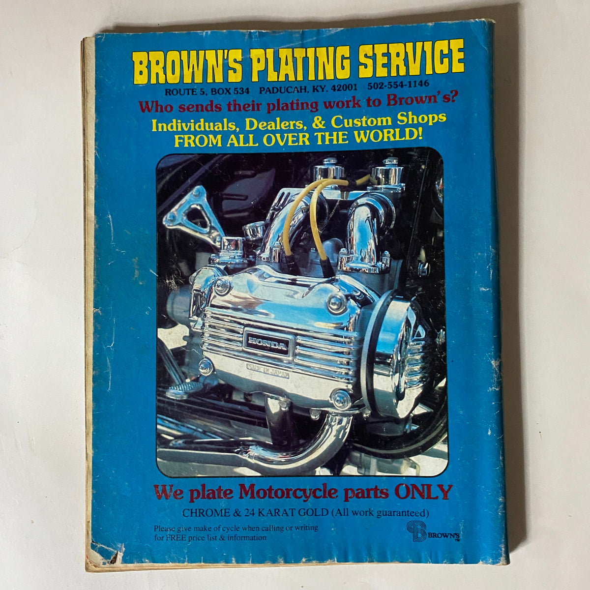 Back cover of Vintage Iron Horse Magazine October 1980 featuring an advertisement for Brown's Plating Service, highlighting motorcycle parts plating.