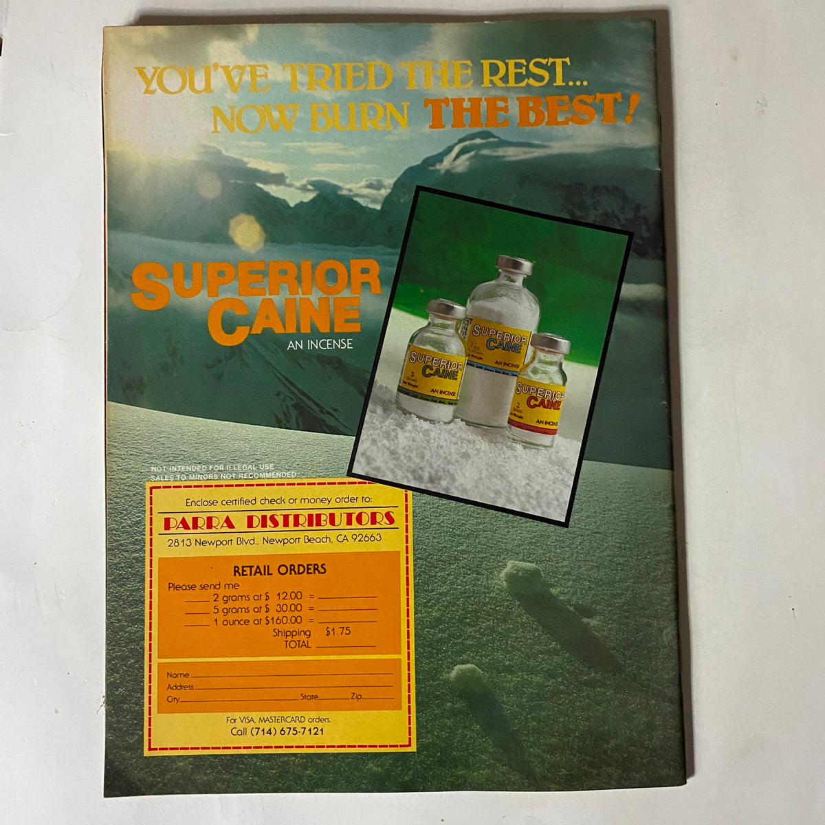 Back cover of the VTG Biker Lifestyle Magazine January 1982 featuring an advertisement for 'Superior Caine' incense with an image of product bottles.