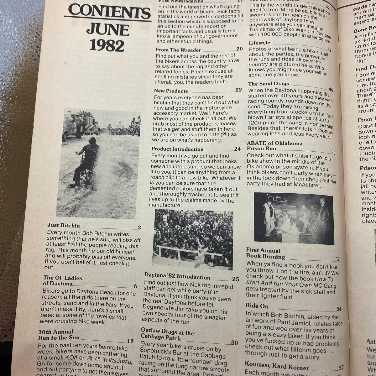 Contents page of VTG Biker Lifestyle Magazine June 1982 Daytona '82 Special Issue showcasing featured articles and topics.