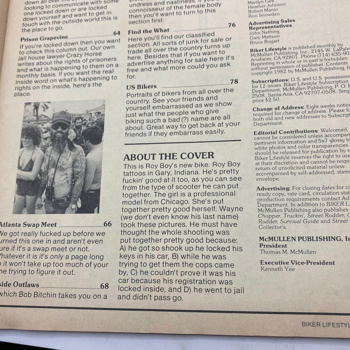 Page from VTG Biker Lifestyle Magazine June 1982 showcasing articles on US bikers, the Atlanta Swap Meet, and insights about the cover featuring Roy Boy's new motorcycle.