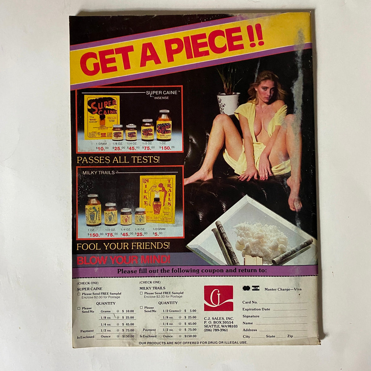 Back cover of VTG Biker Lifestyle Magazine June 1982 featuring a vintage advertisement with a woman and product promotions for Super Caine and Milky Trails.