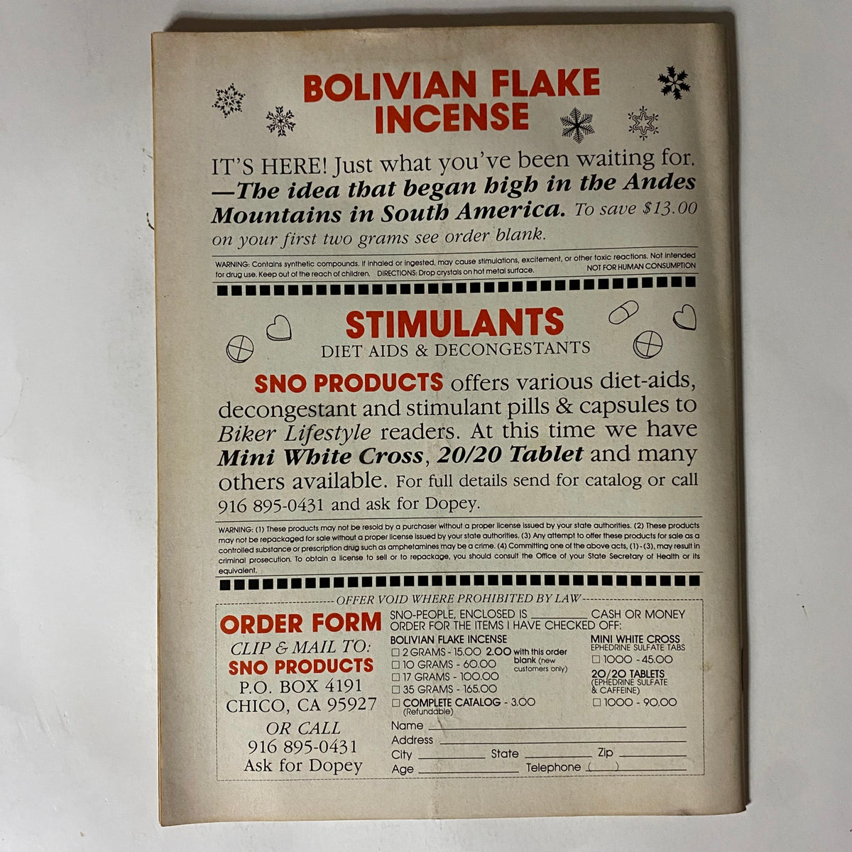 Back cover of the Biker Lifestyle Magazine August 1983, displaying advertisements for Bolivian Flake Incense and various stimulants, capturing the unique marketing of the era.