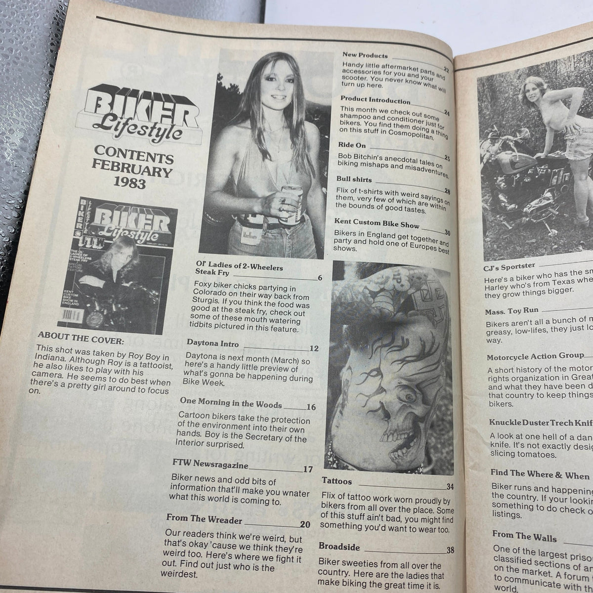 Contents page of VTG Biker Lifestyle Magazine February 1983 showcasing articles about biker culture and events including the Kent Custom Bike Show.