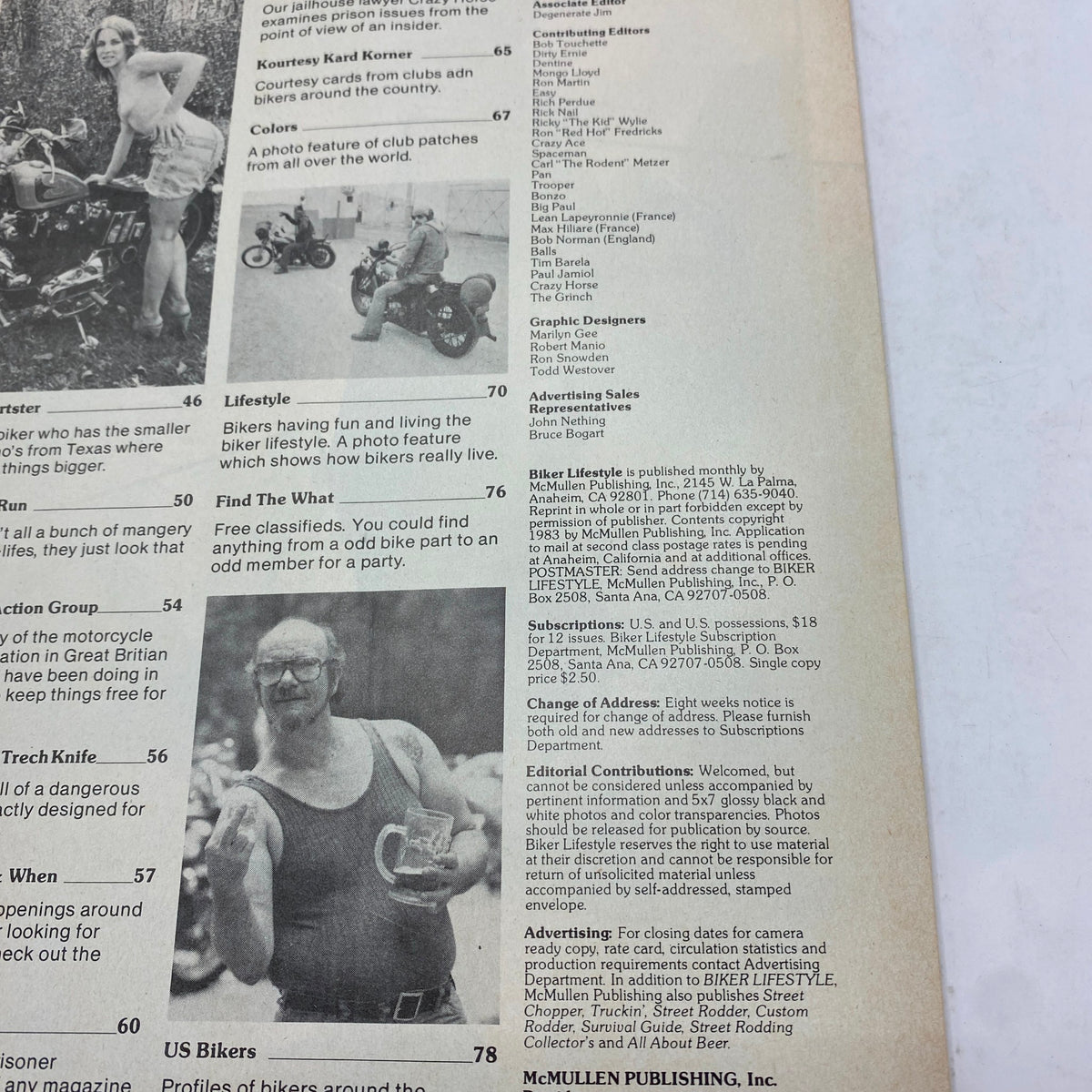Back page of VTG Biker Lifestyle Magazine February 1983 revealing information on lifestyle features and advertisements related to biker community.