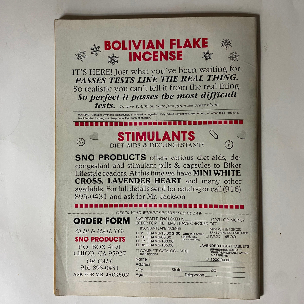 Back cover of VTG Biker Lifestyle Magazine February 1983, featuring an advertisement for Bolivian Flake Incense and stimulant products, highlighting the unique offerings available to readers of biker culture.