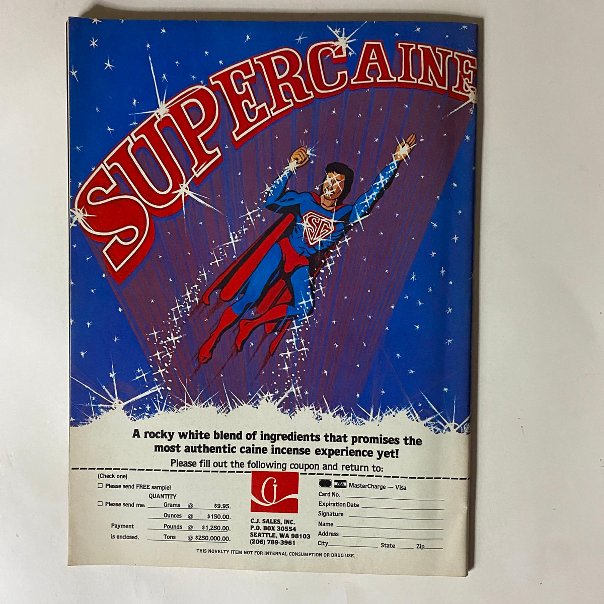 Back cover of VTG Biker Lifestyle Magazine September 1981, featuring a colorful advertisement for a product called Supercaine with a superhero graphic.