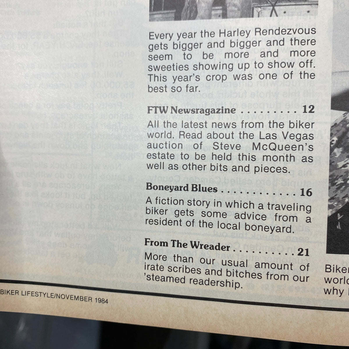 Interior page of VTG Biker Lifestyle Magazine November 1984, displaying additional content descriptions such as 'FTW Newsragazine' and 'Boneyard Blues', emphasizing the magazine's connection to biker culture.